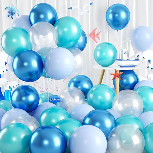 Teal Blue Balloons, 60 PCS Turquoise Blue Balloons with Transparent Metallic Blue Balloon, Pastel Baby Blue Pearl Teal Balloon for Ocean Shark Sea Beach Mermaid Theme Party Decorations