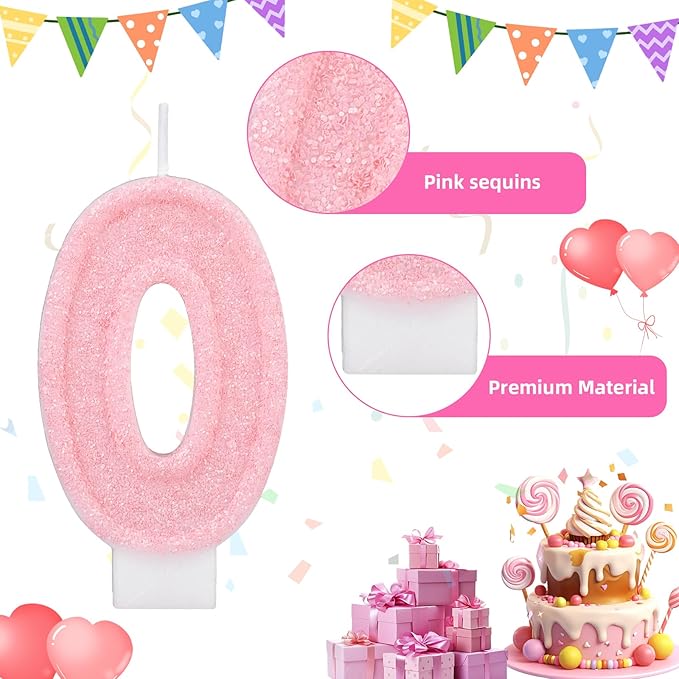 Pink Number Birthday Candles, Romantic Cake Glitter Pink Number Candles Anniversary Cake Topper Decoration Cute Birthday Party Supplies for Wedding Anniversary Celebration Supplies (0)
