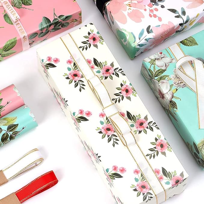 Gift Wrapping Paper Girls Women, 12 Sheets Floral Birthday Wrapping Paper, Pink Green Colorful Folded Gift Wrapping Paper for Birthday Valentines Day Bridal Shower Mother's Day, 19.6 x 27.5 Inches