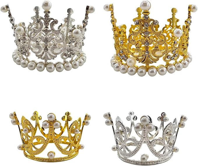 4 Pcs Crown Cake Topper Small Crystal Pearl Tiara Cupcake Toppers for Flower Arrangements Cupcake Queen Birthday Party Wedding Decor