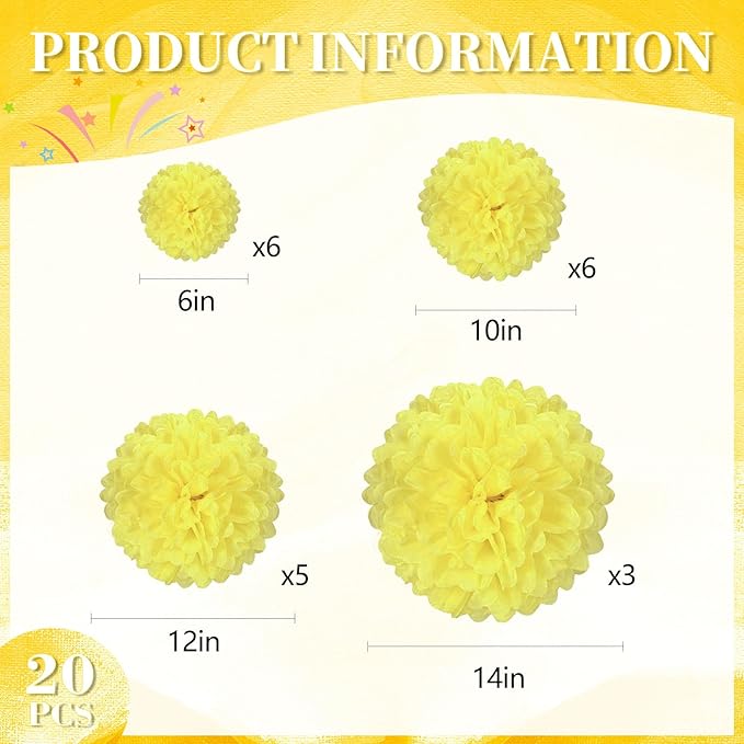 20 PCS Light Yellow Tissue Paper Pom Poms, Tissue Pom Poms Flowers, Sizes of 6", 10", 12", 14" Hanging Paper Flower Ball for Wedding, Birthday, Halloween, Christmas, Baby Shower Party Decor