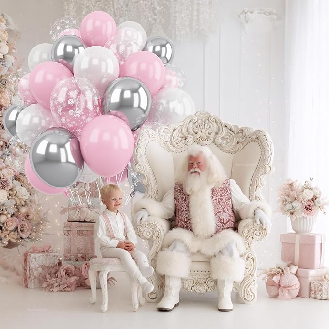 Pink and Silver Balloons, 60Pcs Winter Onederland Party Decorations, Pastel Light Pink Pearl White Metallic Silver Latex Balloon with Snowflake Balloon for Winter Wonderland Baby Shower Birthday Decor