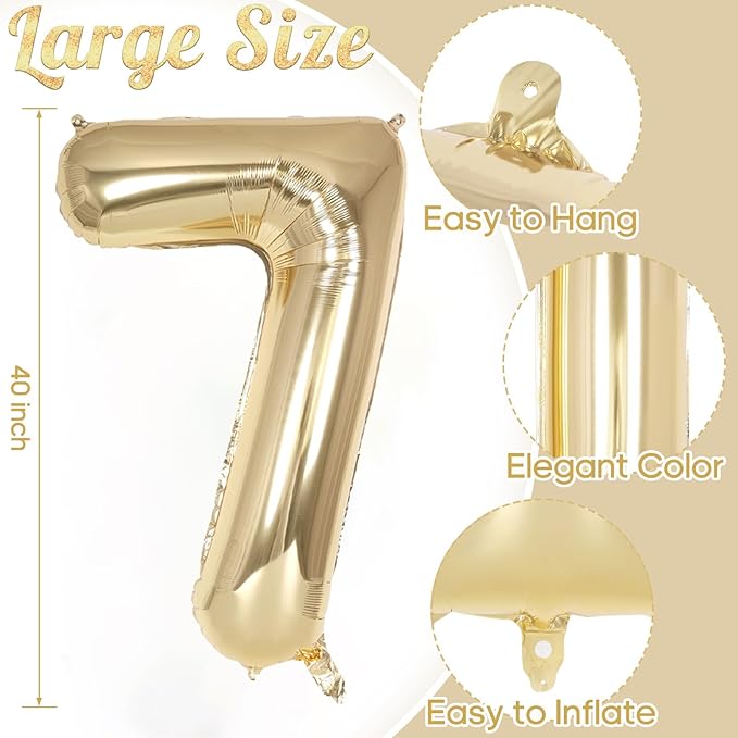 Champagne Gold Large Number 7 Balloon, 40 Inch Light Gold Foil Helium Number Balloons, Giant Mylar Number 7 Balloons for 7 Years Old Birthday Party Anniversary Decorations