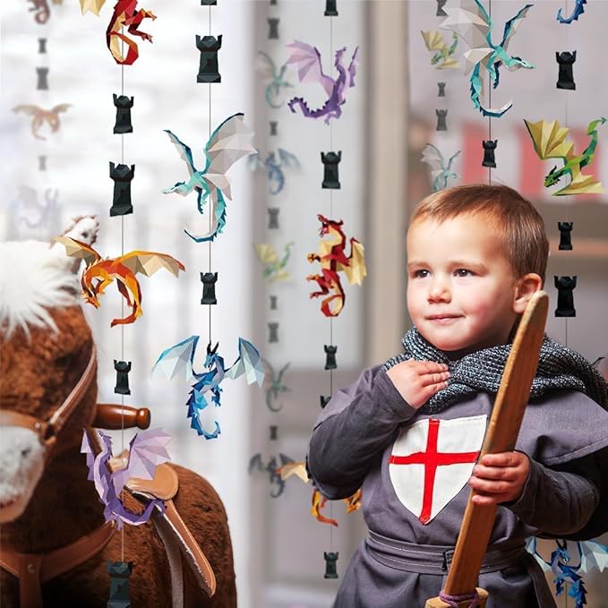 Cheerland Dragon Party Decorations Medieval Dragon Decoration Hanging Fire Wings Garland Geometric Fantasy Castle Streamer Banner Decoration Fantasy Birthday Renaissance Theme Backdrop Pack of 6