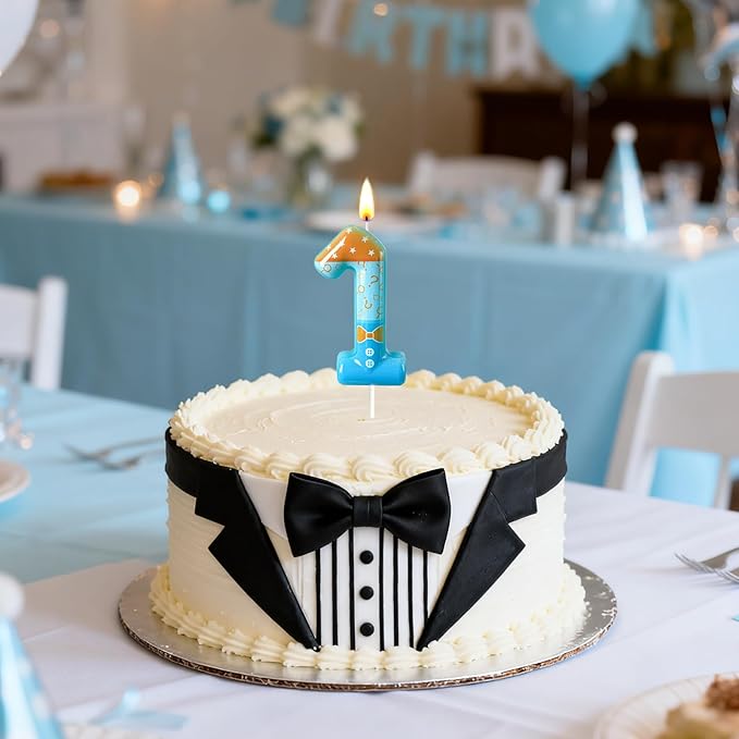 Number 1 Birthday Candle for Cake – Blue Cartoon Outfit Style with Bow Tie, Question Mark & Star Pattern – Fun Cake Topper Decoration for Celebration