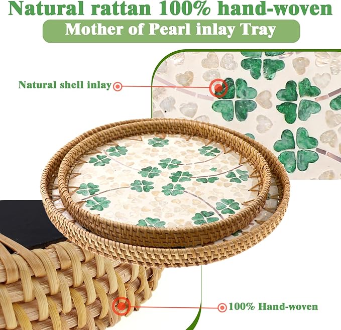 Round Rattan Tray with Mother of Pearl Inlay, Handwoven Wicker Coffee Table Serving Basket Tray for Fruit Snack Party Picnic Cafe Bedroom Kitchen Home Decor Set of 2 (Four Leaf Clover)