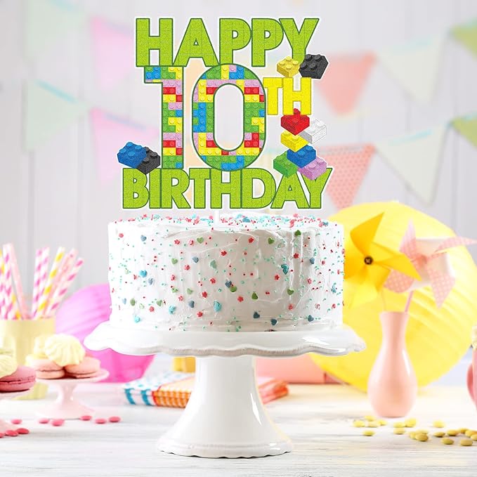 Happy 10th Birthday Building Block Cake Topper - Puzzle Games 10th Birthday Party Green Cake Topper Supplies - Building Block Party Decoration For Adult