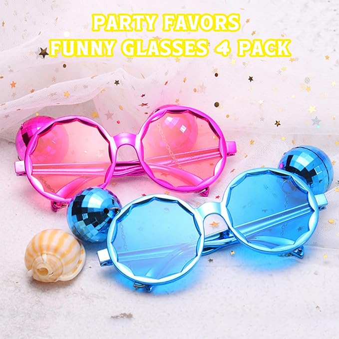 Retro Disco Ball Party Favors Funny Glasses 4 Pack, Disco Sunglasses Accessories for Women and Men