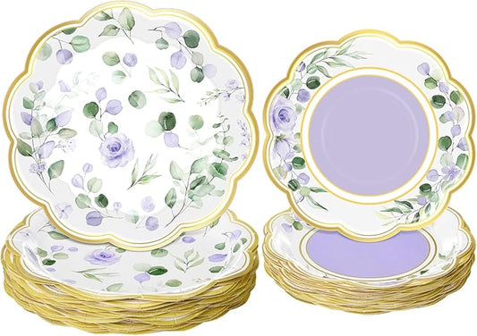 Funnymoom 60 Pcs Eucalyptus Paper Plates 9 in and 7 in Purple Dessert Party Plates with Gold Rim Disposable Floral Shape Tableware for Wedding Birthday Party Baby Shower Bridal Shower