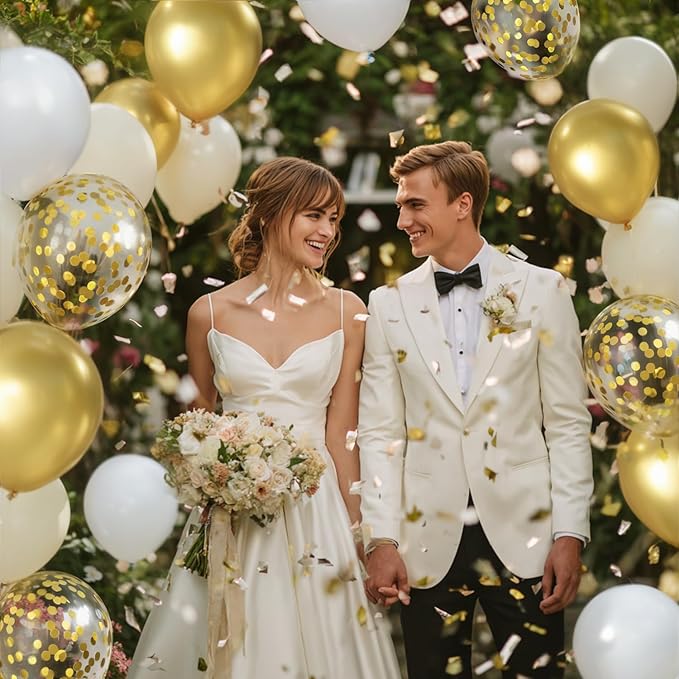 White and Gold Confetti Balloons - 50pcs 12 Inch Metallic Champagne Gold Matte Sand Beige White Latex Balloons for Birthday Graduation Wedding Gender Reveal Party Decorations