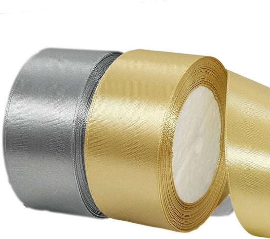 2 Rolls Silver Gold Ribbon, 1 1/2 Inch x 50 Yards Satin Gold Fabric Ribbon for Flower Bouquets, Gift Wrapping, DIY Crafts, Birthday Cakes, Holiday, Wedding Party and Mother’s Day Decorations