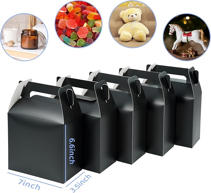 XAGLVV 12-Pack Black Party Favor Treat Boxes (7 x 3.5 x 6.6 Inch) Gable Paper Snack Boxes with Handles& Goodie Gift Bags for Kids Birthday, Wedding, Baby Shower.