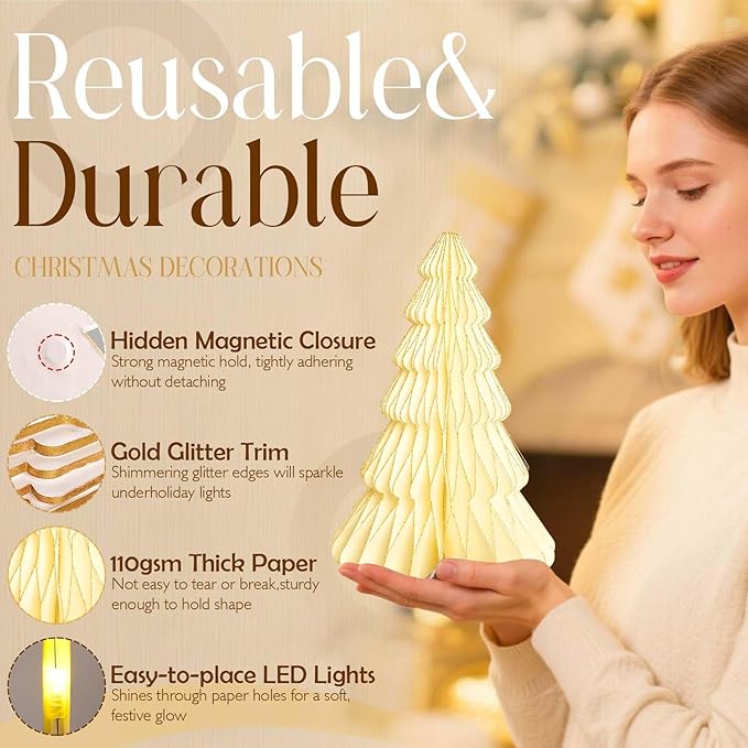 5Pcs Christmas Table Decorations Indoor, 3D Honeycomb Paper Christmas Trees, Light Up Green Red Beige Vintage Table Centerpieces for Christmas Winter Wonderland Holiday Party Home Decor, 8/10/12 Inch