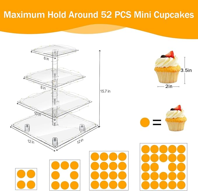 YestBuy Cupcake Stand with Yellow Led Lights, 4 Tier Cupcake Stand for 50 Cupcakes, Acrylic Cupcake Tower Stand, Clear Tiered Cupcake Holder for Birthday Cady Bar Décor Weddings, Parties Events