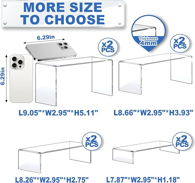 Aheroi Large Acrylic Risers, 8 Pcs 2 Set(7”L~8”L~9”L) Acrylic Display Set Rectangular Stands Shelf Clear Display Risers for Decor, Cake Shelves Retail Shoe Showcase