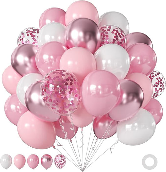 Pink Balloons, 60Pcs 12Inch Pink and White Balloons Include Macaron Pastel Metallic Pink White Confetti Balloons for Wedding Bridal Shower Baby Shower Birthday Party Decorations