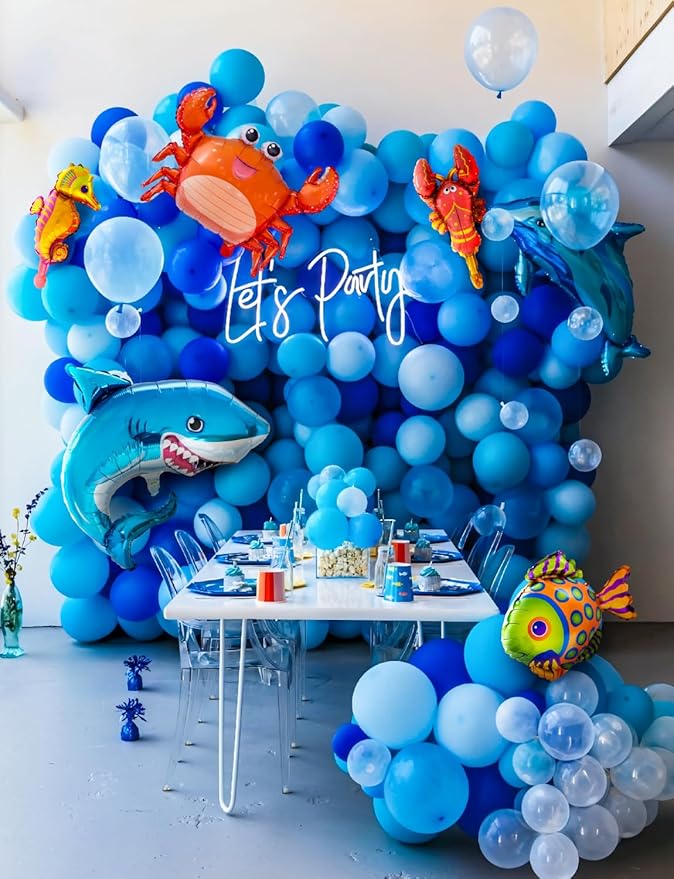 Under The Sea Balloon Arch Garland Kit, 154Pcs Ocean Themed Party Decorations with Blue Balloons, Marine Animals Foil Balloons for Ocean Theme Birthday Baby Shower Wedding Party Supplies