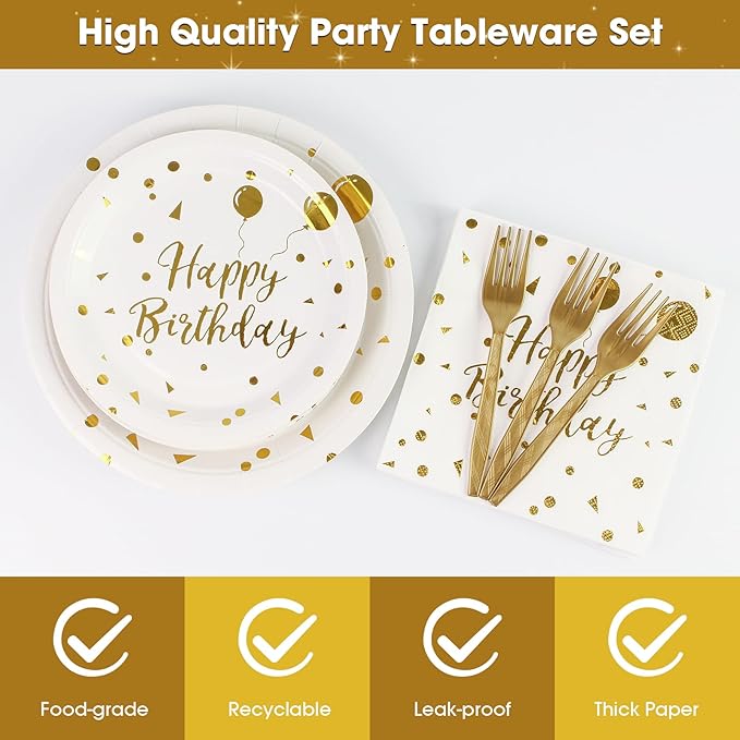 96PCS Happy Birthday Plates and Napkins Party Supplies, White and Gold Disposable Paper Plates and Napkins with Forks Tableware Set for Birthday Party Decorations 24 Guests (Birthday White)