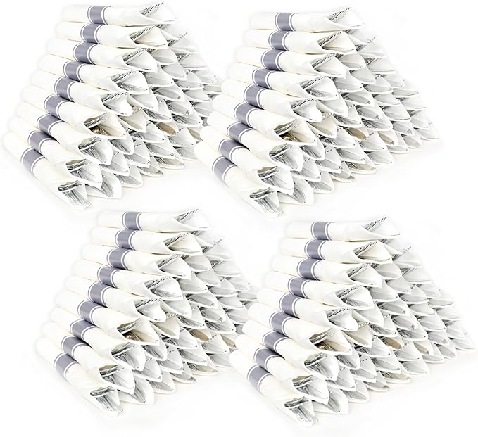 200 Pack Pre Rolled Silver Plastic Silverware Set,Wrapped Plastic Cutlery Set with Napkin Include 200 Forks,200 Spoons,200 Knives and 200 White Napkins for Party,Wedding,Christmas