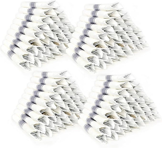 200 Pack Pre Rolled Silver Plastic Silverware Set,Wrapped Plastic Cutlery Set with Napkin Include 200 Forks,200 Spoons,200 Knives and 200 White Napkins for Party,Wedding,Christmas