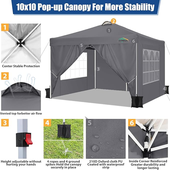 COBIZI 10x10 Pop Up Canopy Tent, One Push Outdoor Gazebo with 4 Removable Sidewalls & Air Vent, Waterproof Commercial Easy Up Adjustable Canopy with 4 Sandbags, 4 Stakes & 8 Ropes for Party,Grey