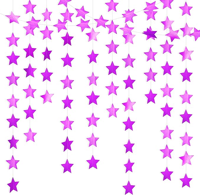Metallic Purple Iridescent-Star-Garland 90FT – 240 Pcs Sparkling Star Streamers – Hanging Glitter Star Banner Backdrop for Birthday, Baby Shower, Wedding, Christmas Party Decorations (6 Packs)