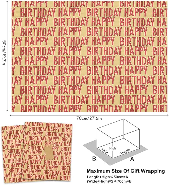 Happy Birthday Wrapping Paper For Men Boys Women Adults Kids Girls, Gift Wrapping Paper Recycled Multipack (7 Sheets,20 x 28 inches per sheet,27 Sq.ft. ttl.,) W/ 10 Gift Tags Jute Twine Tape Stickers