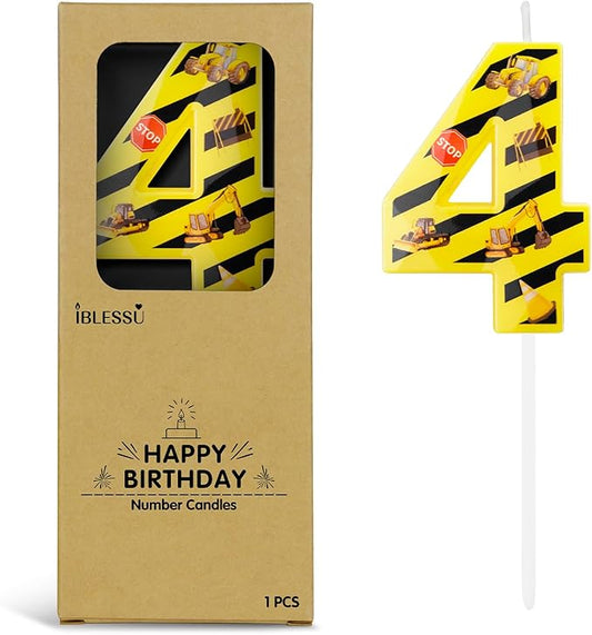Number 4 Construction Birthday Candle, 2.68 Inch Yellow and Black Striped Candle, Birthday Candles Numbers Construction Cake Topper for Boys Girls, Construction Birthday Party Supplies Decorations