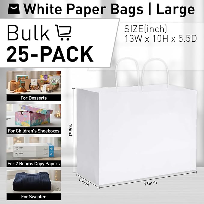 SUNCOLOR White Gift Bags with Handles, Large 13x10x5.5 Inch, 25 Pack, for Birthday, Wedding, Retail, Shopping