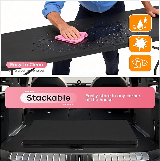 FDW 8FT Folding Table, Portable Fold-in-Half Plastic Picnic Party Table with Carrying Handle (Black, 8FT)
