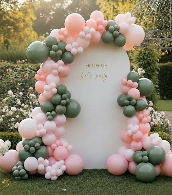 Pink and Green Balloons Garland Arch Kit 154Pcs - 5 10 12 18 inch Different Size Pink and Sage Green Balloons for Gender Reveal Baby Shower Hawaiian Birthday Summer Tropical Party Decorations