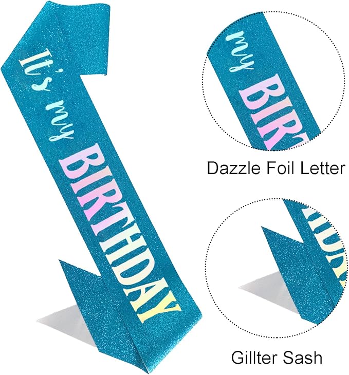 It's My Birthday Sash, Dazzle Foil Letter Glitter Blue Birthday Sash for Women Men Girl Boy Kids Teenager Funny Bday Gifts Party Favors Photo Prop