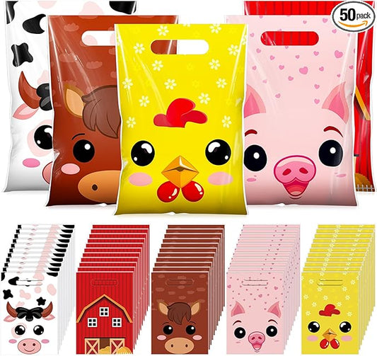 Resurhang 50 Pcs Farm Animal Favor Bags Bulk 6.5x9.8 Inch Plastic Farm Theme Goodie Treat Gift Bags Funny Candy Cookie Tote for Farmhouse Barnyard Birthday Decor Supplies Baby Shower Wrapping