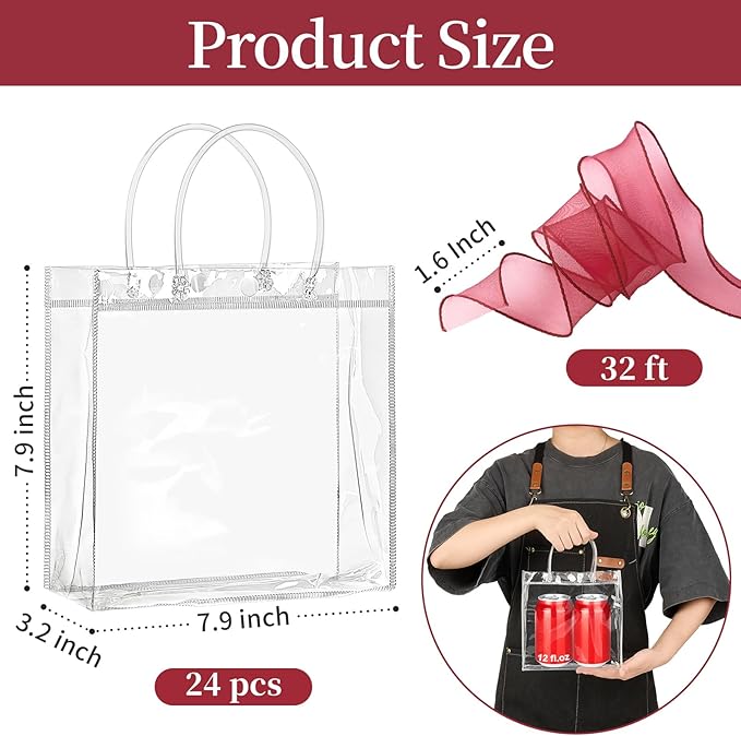 Jutieuo 24 PCS Clear Gift Bags with Handles, 7.9 x 7.9 x 3.2 Inches Reusable Plastic Goodie Bag Transparent Party Favor Bags Bulk for Weddings Birthdays Events, Classrooms & Celebrations