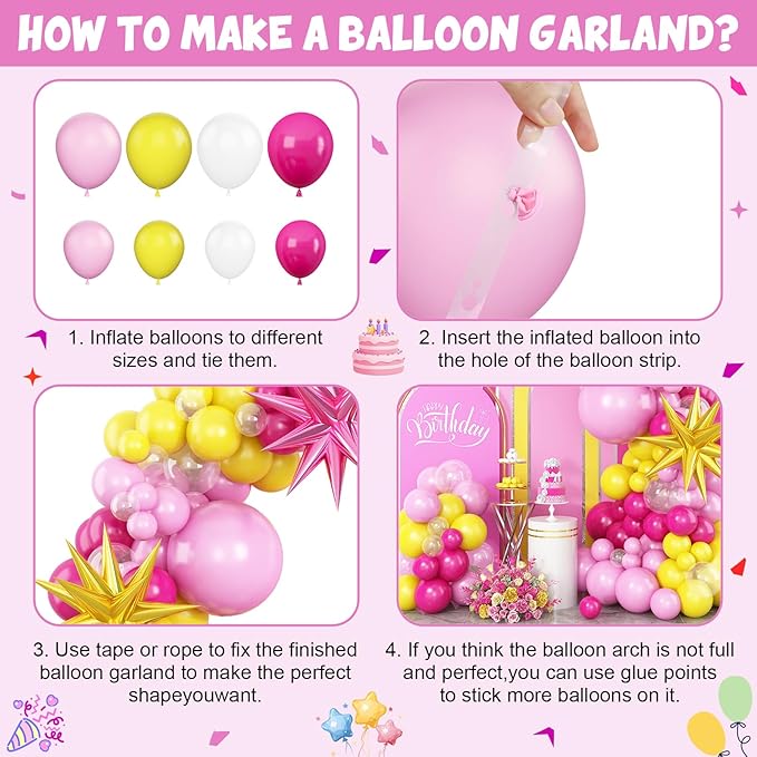 Hot Pink Yellow Balloon Arch Kit, Yellow Pink Clear Balloon Garland Kit with Large Pink Gold Star Foil Balloons, for Baby Shower Butterfly Fiesta Princess Birthday Wedding Bridal Party Decorations