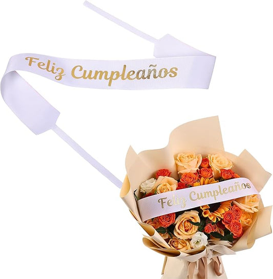 Set of 12 Bouquet Banner Grosgrain Ribbon Tie Wrap Printed Sash Florist Bulk Supply for Floral Arrangements (White - Feliz CUMPLEANOS)