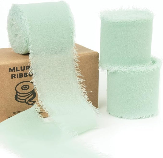 Mint Green Chiffon Ribbon - 1-1/2 Inch x 21 Yards, Handmade Fringe, Silk, Boho Frayed, Misty Green for Gift Wrapping, Wedding Invitation, Bridal Flower Bouquets