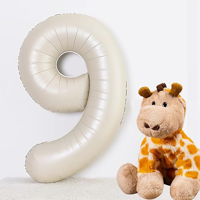40 Inch Beige Number 9 Balloons for 9th Birthday Decorations Boys Girl, Giant Self-Sealing Cream Foil Number 0-10 White Sand Balloon for Women Men Party Anniversary Baby Shower Supplies