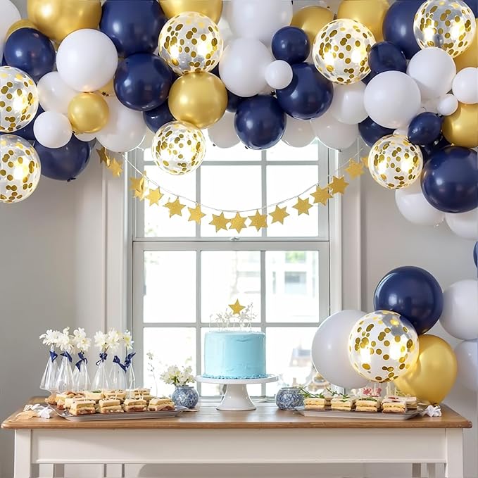 Zesliwy Navy Blue Gold Confetti Balloons Set,50pcs 12inch Royal Dark Blue Metallic Gold White Latex Balloons with Ribbon for Birthday Wedding Graduation 2026 Bridal Shower Party Decorations