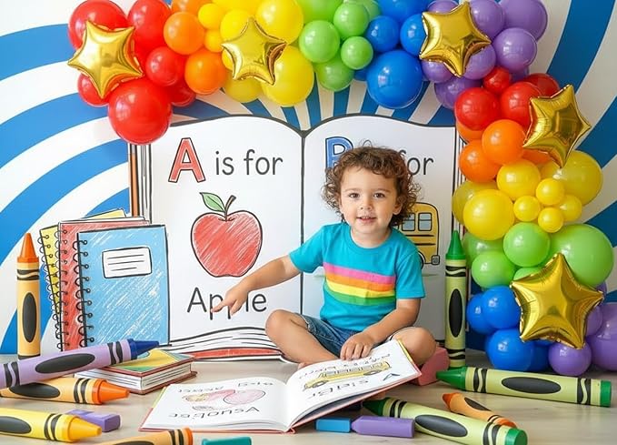 Kate 7x5ft Vibrant Alphabet Learning Backdrops for Photography Educational Balloon Arch School Supplies Scene for Kids Photo Background Photography