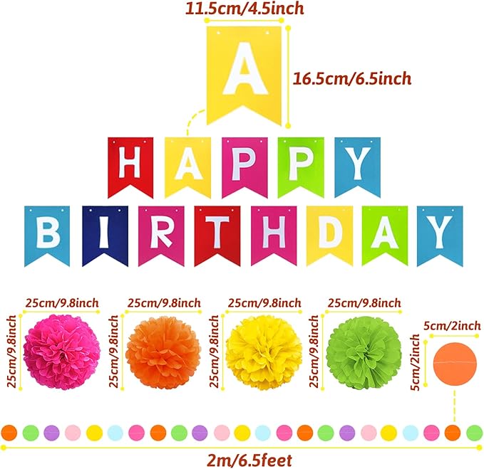 Multicolor Birthday Decorations - Happy Birthday Banner, Paper Pompoms, Confetti, Balloons, Hanging Garland, Swirl Streamers for Boys and Girls Party Decor