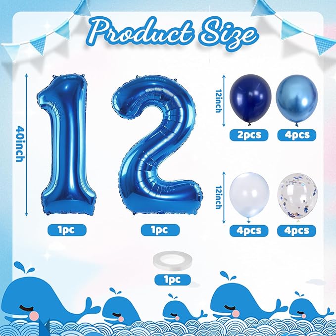 Navy Blue 12th Birthday Giant Self Inflating Number 12 Balloon, Metallic Dark Blue Silver Confetti Foil 40 Inch Helium Balloon for Boys Birthday Party Women Anniversary Decor