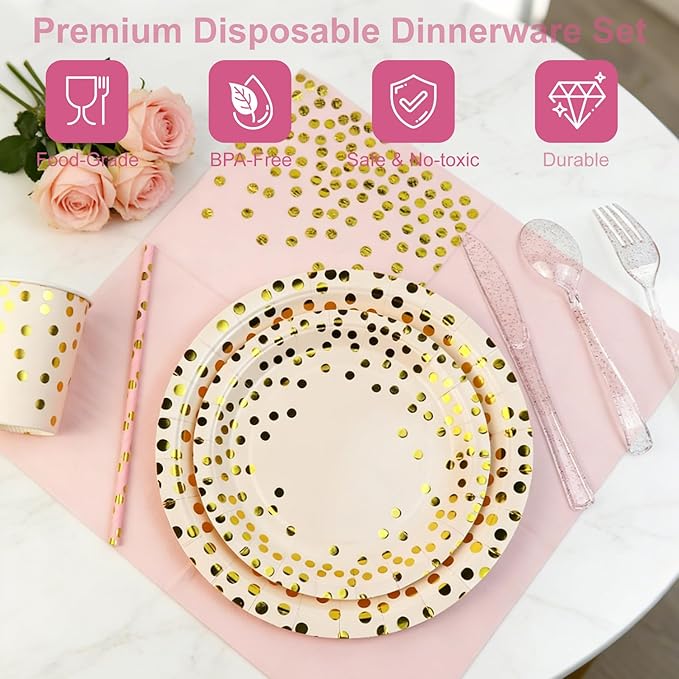 Party Supplies 402pcs Pink & Gold Plates and Napkins Sets - Disposable Dinnerware Sets for 50 Guests with Paper Plates Cups Straws Plastic Cutlery 2 Tablecloths - Bridal Shower Birthday Wedding