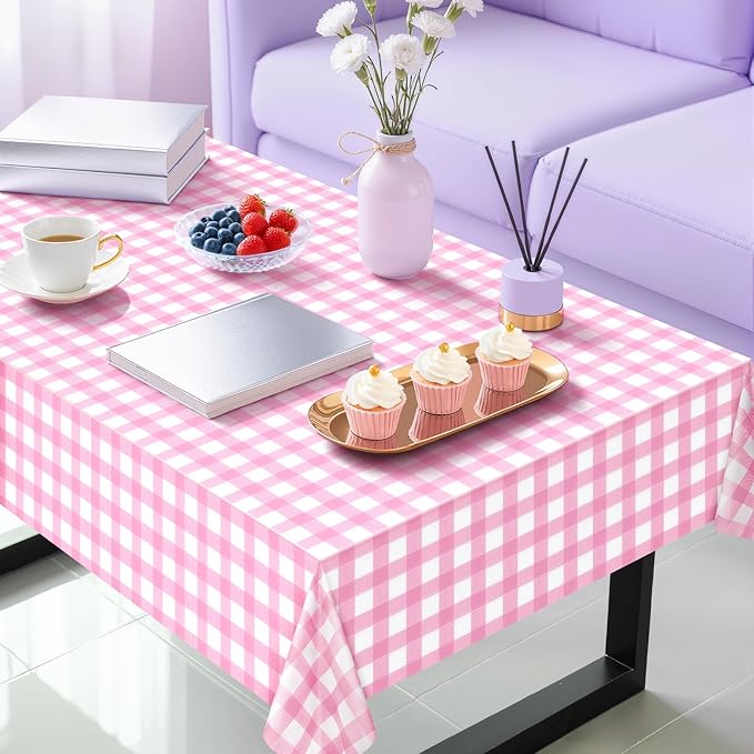 2 Pack Pink Striped Gingham Tablecloths, 54 x 108 Inch Disposable Plastic Rectangle Table Covers, Waterproof Pink and White Checkered Pink Table Cloths for Picnic, Birthday, Party, Outdoor Events