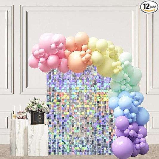 Iridescent Silver Shimmer Wall Backdrop, Sparkling Sequins, 12PCS Sequin Decoration Panels, Glitter Glam Photo Background Decorations for Birthday Party Wedding Engagement Anniversary Graduation