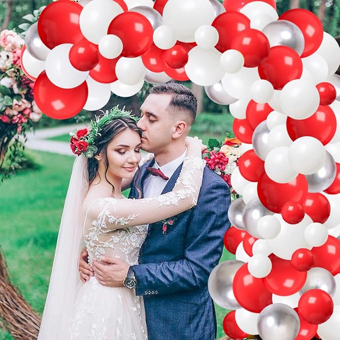 Red White Silver Balloon Garland Kit - 122PCS Red White Balloons Red Silver Balloons for Birthday Wedding Anniversary Bridal Shower Bride To Be Graduation Party Decorations
