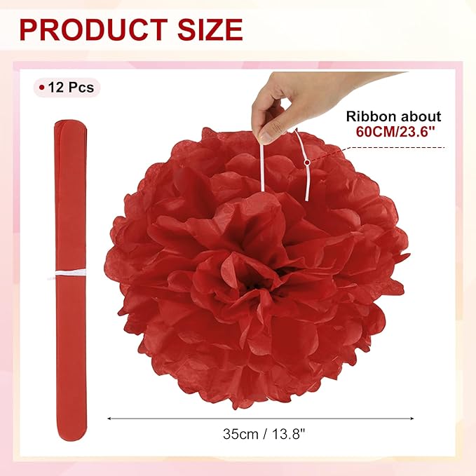 PATIKIL 14inch Tissue Paper Pom Poms, 12PCS Pom Poms Paper Flowers Ball Tissue Paper Flowers for Wedding Bridal Shower Birthday Bachelorette Party Backdrop Decoration, Red