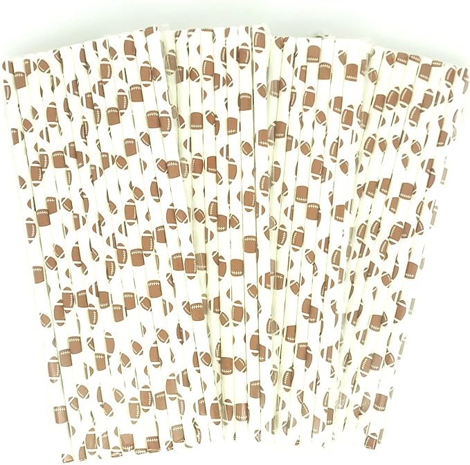 100 pcs Sports Party Paper Straws, White Brown Rugby Football Bar Soda Juice Drinking Straws, Craft Disposable Beverage Game Day Decor Biodegradable Cake Pop Sticks (White With Football)