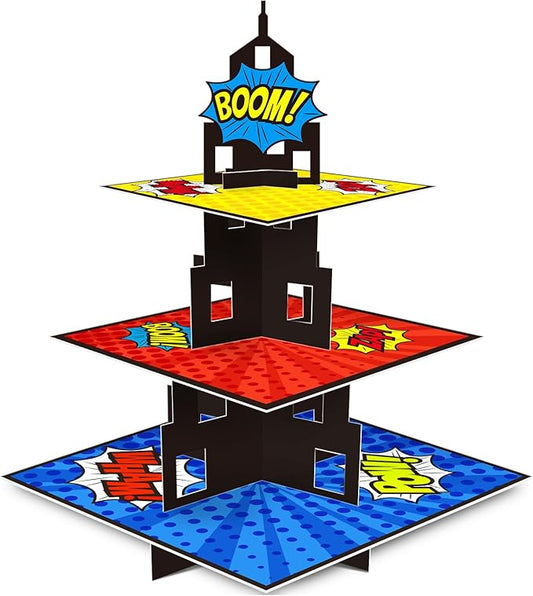 KALEFO Superhero Party Supplies Cake Stand 3 Tier Cupcake Stand Super Hero Parties Favors Mini Cup Cake Holder for Birthday Decorations (Superhero)