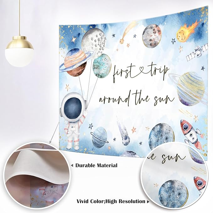 Mocsicka First Trip Around The Sun Backdrop Outer Space 1st Birthday Party Decorations Banner for Boys Kids Galaxy Planets Rocket First Birthday Photography Background (White, 8x6ft(96"x72"))